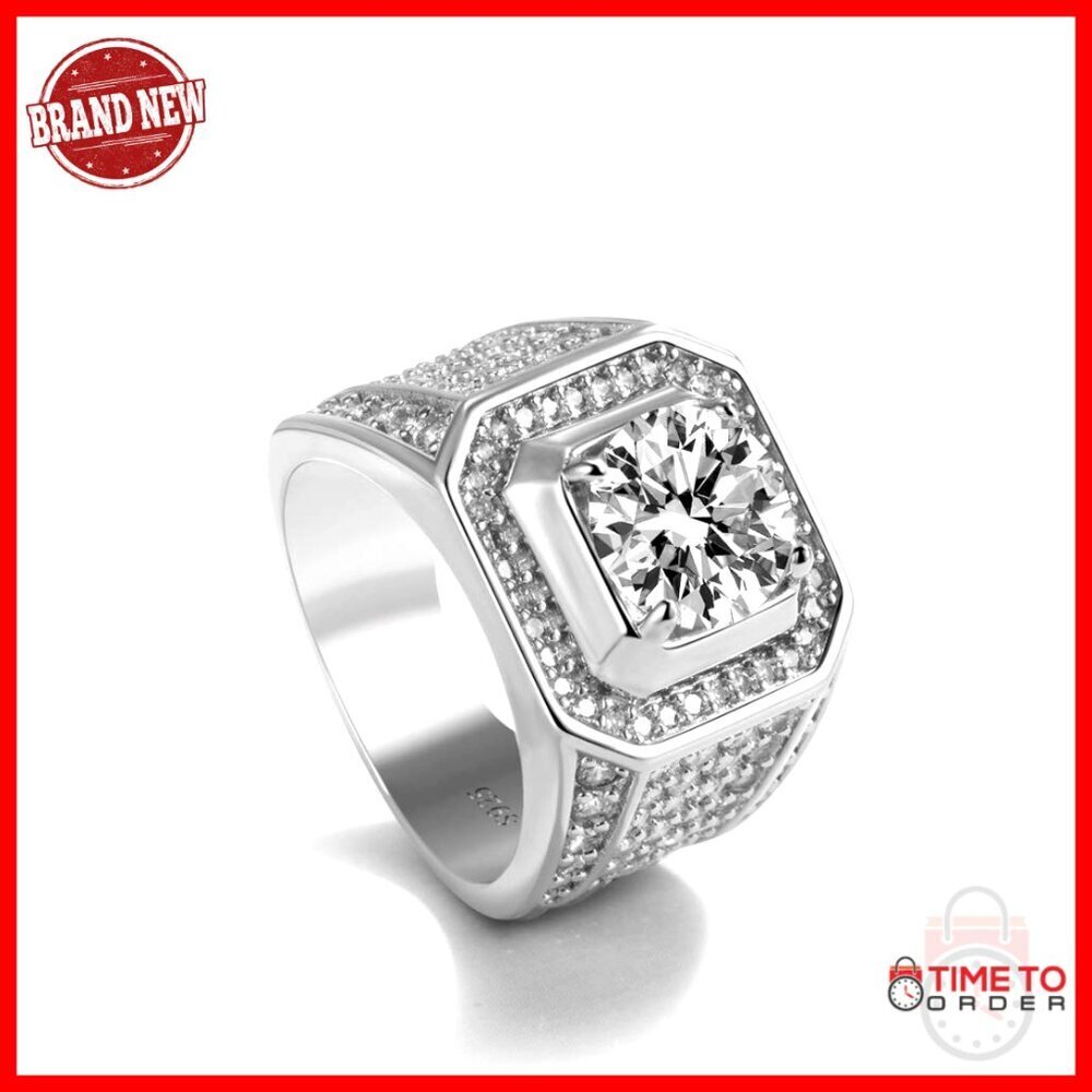 925 Sterling Silver Square Ring with Cubic Zirconia, Size 8-13, Unisex